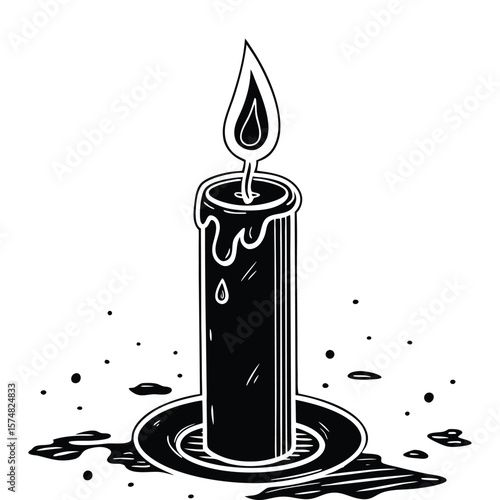 Candle with a wick is lit and dripping wax in silhouette