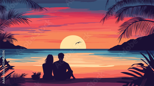 Serene Couple Beach Sunset Watching Colorful Sky Romantic Relationship Adobe Stock