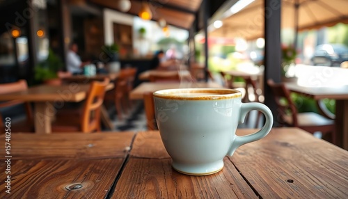 Wallpaper Mural Steaming cappuccino in a ceramic cup sits on a rustic wooden table at an outdoor cafe,  morning,  cozy Torontodigital.ca