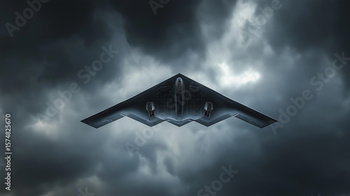 B-2 Spirit bomber approaching camera, front view perspective, intimidating stealth aircraft silhouette, dramatic storm clouds background