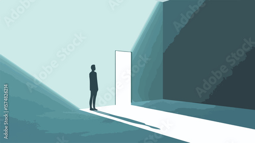 Lonely figure standing in doorless room, conceptual image for solitude and mystery