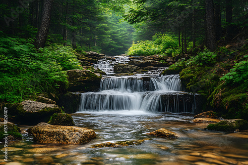 Mountain Waterfall with Rocky Stream and Evergreen Trees