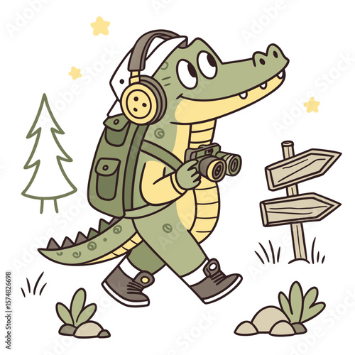 Cute Loving Alligator, accessorized with wearing headphones, in a Forest adventure world – Evergreen Trails palette vector