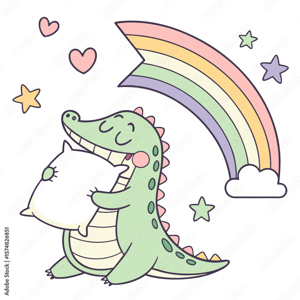 Obraz premium Cute Gentle Alligator, accessorized with hugging a pillow, in a Rainbow world – Pastel Rainbow palette vector