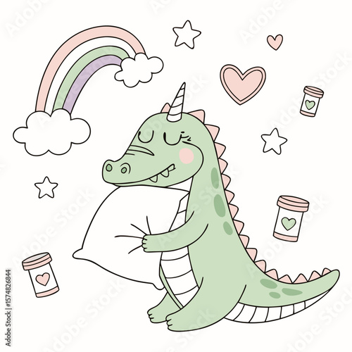Cute Gentle Alligator, accessorized with hugging a pillow, in a Rainbow world – Pastel Rainbow palette vector