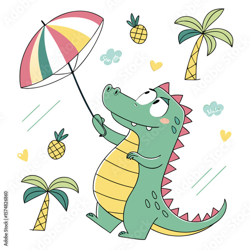 Cute SVG of a Bashful Alligator in Tropical Vibes colors, featuring with a rainbow kite in a Tropical setting