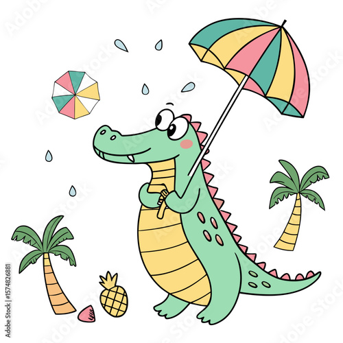 Cute SVG of a Bashful Alligator in Tropical Vibes colors, featuring with a rainbow kite in a Tropical setting