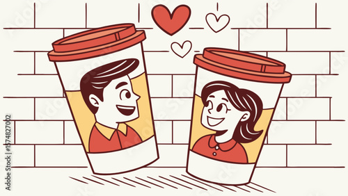 Coffee cup love story illustration for valentine's day romantic couple coffee date concept art vector design