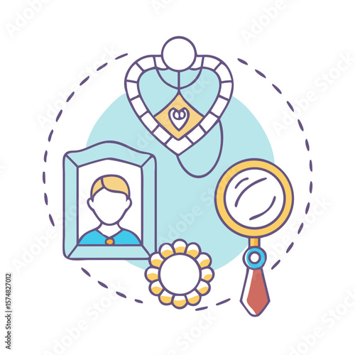 Heirloom collection featuring portrait necklace magnifying glass and brooch