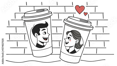 Coffee cup love story illustration for coffee lovers and valentine's day romantic coffee date concept