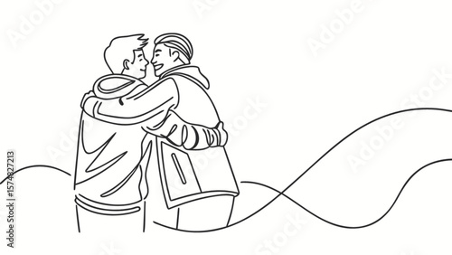 Gay couple hugging line art vector illustration for lgbtq pride month and relationships graphic design element