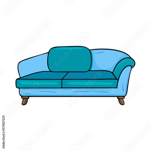 Stylish blue chaise lounge sofa with teal cushions and dark wooden legs