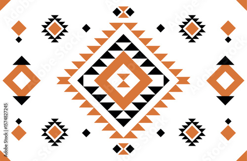 Geometric pattern with orange and black triangles and diamonds on a light beige background


