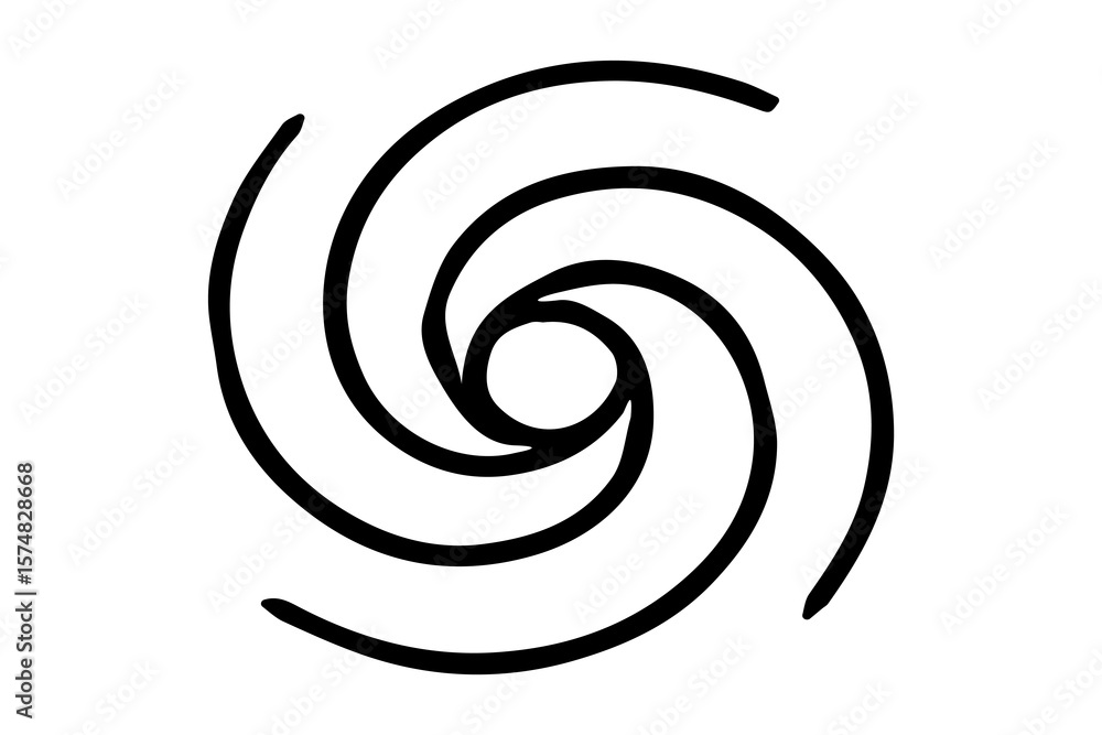Fototapeta premium The image shows a black and white sketch of a spiral galaxy. The design features a central circular core with multiple curved arms spiraling outward, forming a swirl pattern.