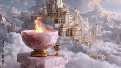 Heavenly temple rises above clouds, its radiant towers bathed in golden light. Sacred flame in ceremonial chalice, symbolizing divine presence and eternal myth. Flame in bowl of pink marble of Olympus