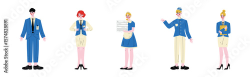 Hotel Staff Man and Woman Character in Blue Uniform Vector Set