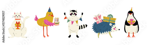 Animal Character at Birthday Party Celebrate Holiday Vector Set