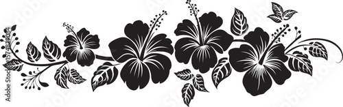 Elegant black floral border design featuring hibiscus flowers, leaves, and butterfly elements. Decorative botanical silhouette symbolizing beauty, elegance, and tropical nature. Perfect for patterns