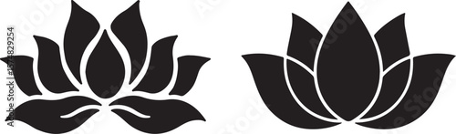 Elegant black lotus flower symbols with symmetrical petals representing purity, peace, and balance. Minimalist floral silhouette perfect for yoga, spa, and meditation design themes. I