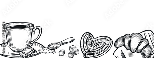 Vector illustration of tea party, cup of tea or black coffee, teaspoon with sugar, sugar cubes, sweet pastry, tablecloth. For printing on fabric, paper, for decorating the interior of a cafe. Vector.