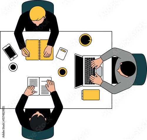 Overhead view of three people at a white table working with a laptop, notebook, and documents


