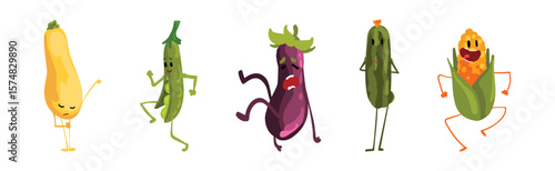 Funny Vegetable Character with Face and Arms Vector Set