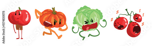 Funny Vegetable Character with Face and Arms Vector Set