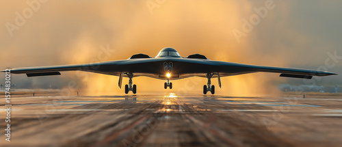 B-2 Spirit stealth bomber on final approach to runway, landing gear extended, dramatic low angle shot, military airfield, sunset lighting, realistic aircraft photography
