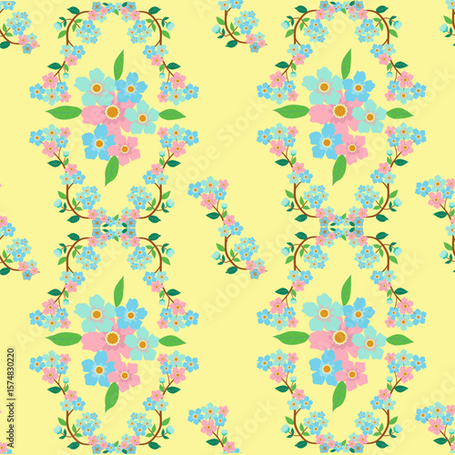 seamless floral pattern, acrylic, background, blue, blue-violet, bouquets of flowers, buds, butterflies, color background, colored pencils, design, floral pattern, flowers of orange, for textiles