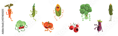 Funny Vegetable Character with Face and Arms Vector Set