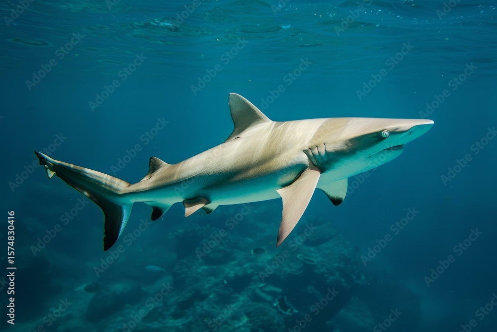 Naklejka premium Blacktip reef shark swimming peacefully in the clear blue water of a tropical ocean