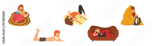 Man and Woman Character Resting and Relaxing at Home on Weekend Vector Set
