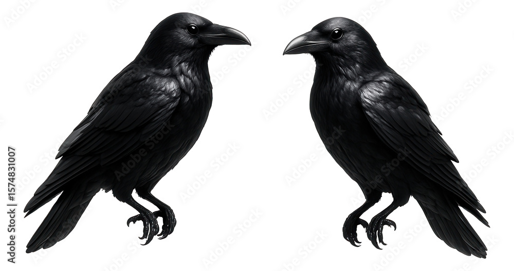 Obraz premium A pair of large, black feathered raven statues, ideal for placing on a mantel in a family room to evoke a mysterious Halloween feel.