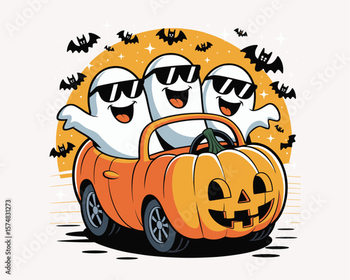 Cool Ghosts Driving a Pumpkin Car with Sunglasses and Bats, Perfect for Fun Halloween Apparel, Party Decorations, and Playful Spooky Season Graphics