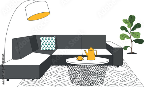 A contemporary living room scene featuring a gray sectional sofa with a yellow teapot and cup


