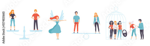 Gender Equality in Society with Man and Woman Character Vector Set