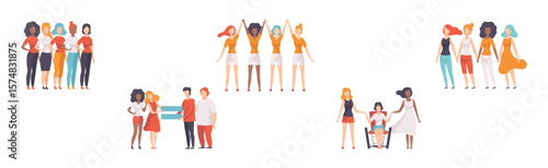 Gender Equality in Society with Woman Character Fight Against Discriminations Vector Set
