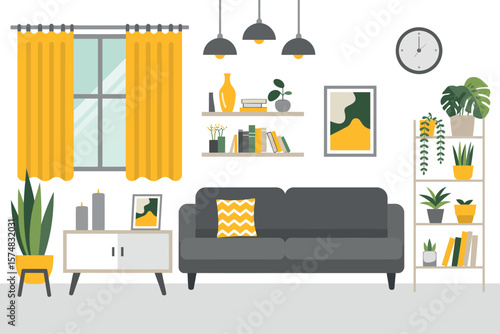 Illustration of a living room with yellow curtains and plants and gray sofa and shelves and clock


