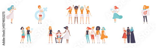 Gender Equality in Society with Woman Character Fight Against Discriminations Vector Set