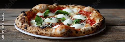 Delicious neapolitan margherita pizza with fresh basil and mozzarella on rustic wooden table