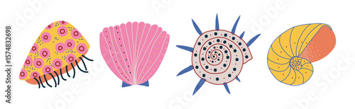 Colorful Tropical Shell as Underwater Sea Bottom Element Vector Set