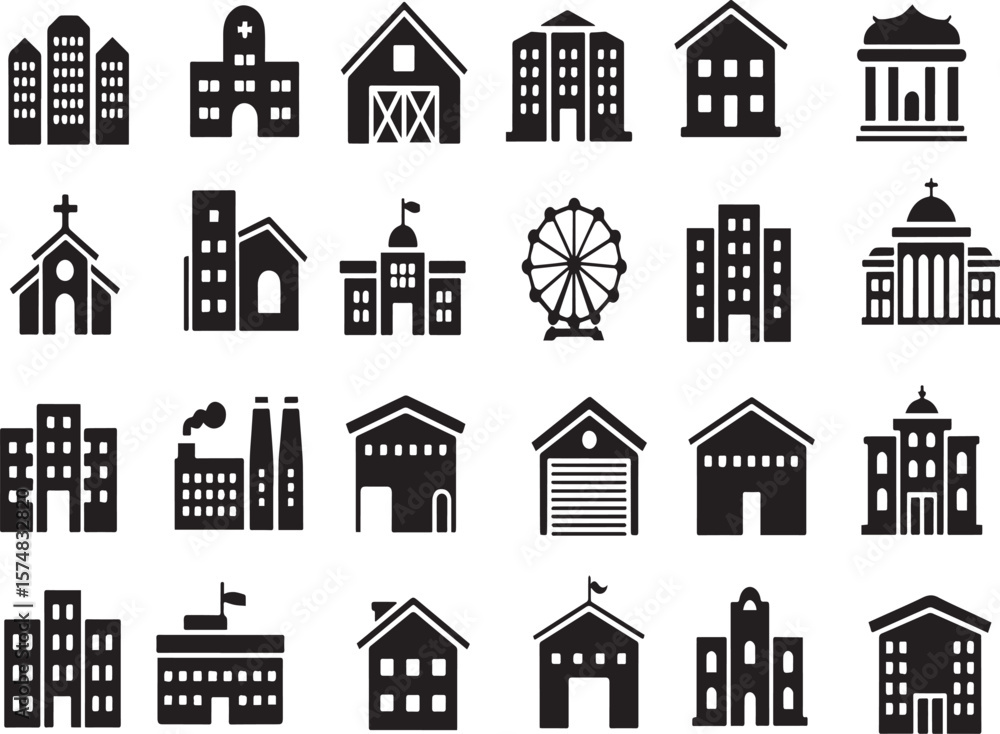 Obraz premium A collection of various building and structure silhouette icons