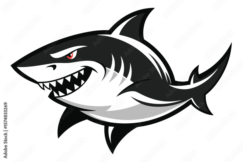 Fototapeta premium Cartoon Illustration of an Angry Black and White Shark with a Red Eye Isolated