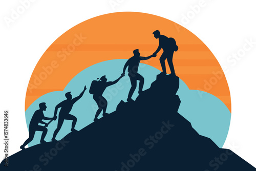 Climbing Team Silhouette People Helping Each Other Ascend a Mountain Peak Together with Sunset Backdrop