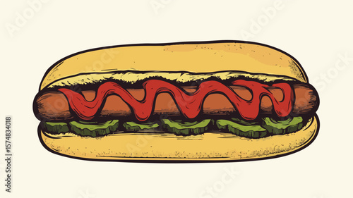 Delicious Hot Dog in Bun with Ketchup - Tasty Fast Food Illustration for Designers