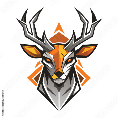 Striking deer head showcases geometric design with orange triangles as abstract background feature