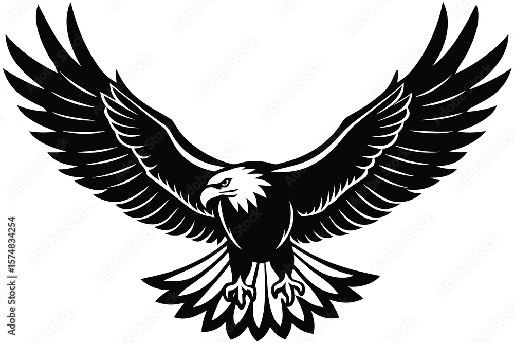 Obraz premium Detailed Black and White Illustration of an Eagle in Flight with Extended Wings