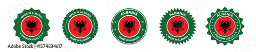 Albanian product label set. Albanian flag, premium made in Albania. Labels, seals, stamps, flags, icons