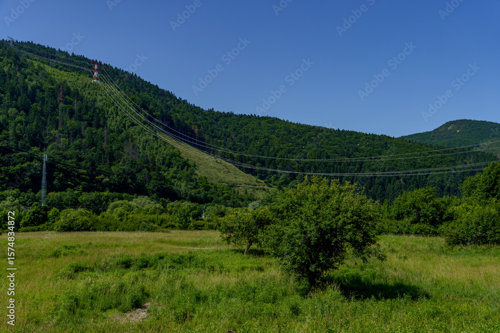 Fototapeta premium Power line running from a high forested mountain with red and white utility poles