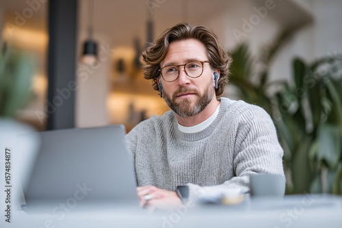 Focused Man Working on Laptop Wearing Earbuds
